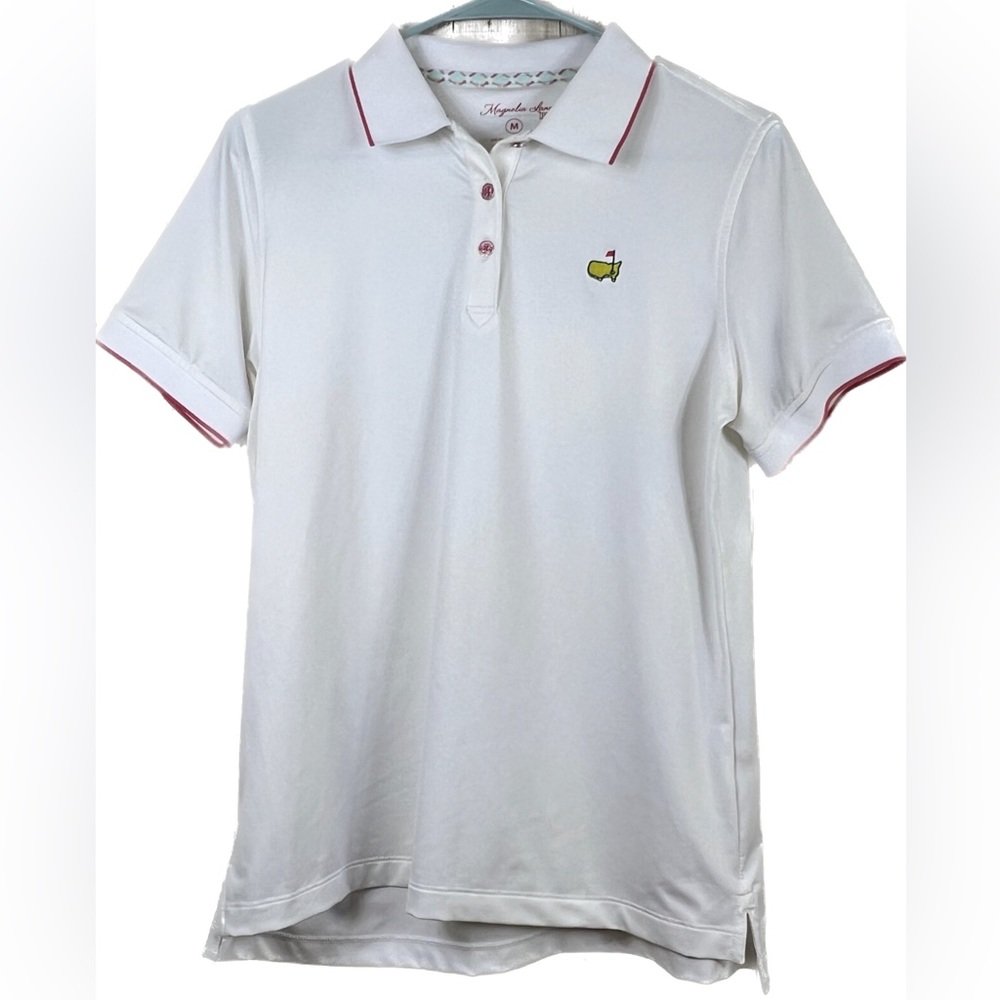 Magnolia Lane Tech 50+UPF White Medium Polo w/Pink Trim Master’s Golf Polo Shirt